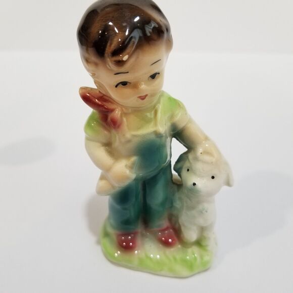Vintage Fine Porcelain Japan Boy w/Lamb & Little Girl w/Cat 4.5'H Figurines - Picture 3 of 6